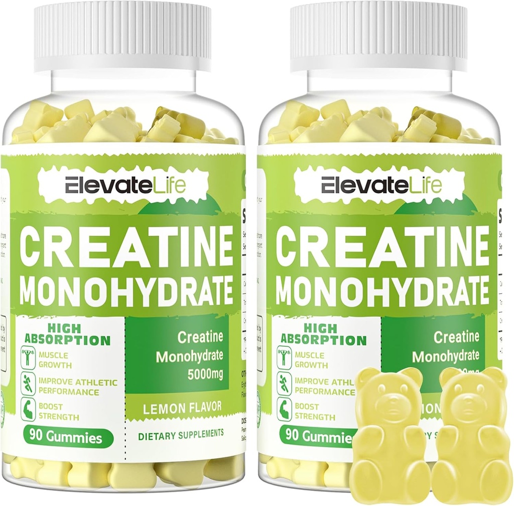 ElevateLife Creatine Monohydrate Gommies 5g pour les hommes Femmes - Supplément à croquer sans sucre. 180 Gummies Citron