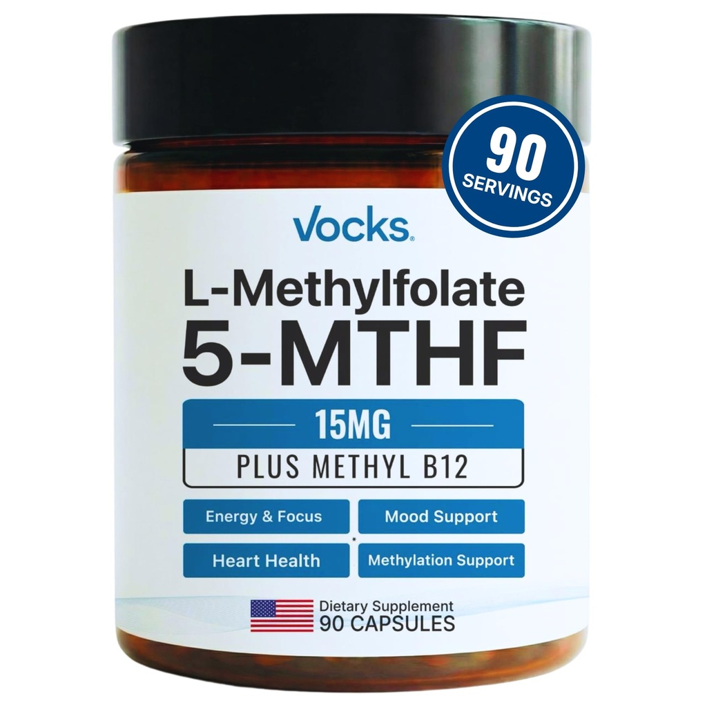Vocken L Methylfolat 15mg 5-MTHF + Methyl B12 | High Potency Methylfolat Supplement | Aktives methyliertes Folat Vitamin B9 | MTHFR Supplement | Folat Supplement für Frauen und Männer | 90 Kapseln