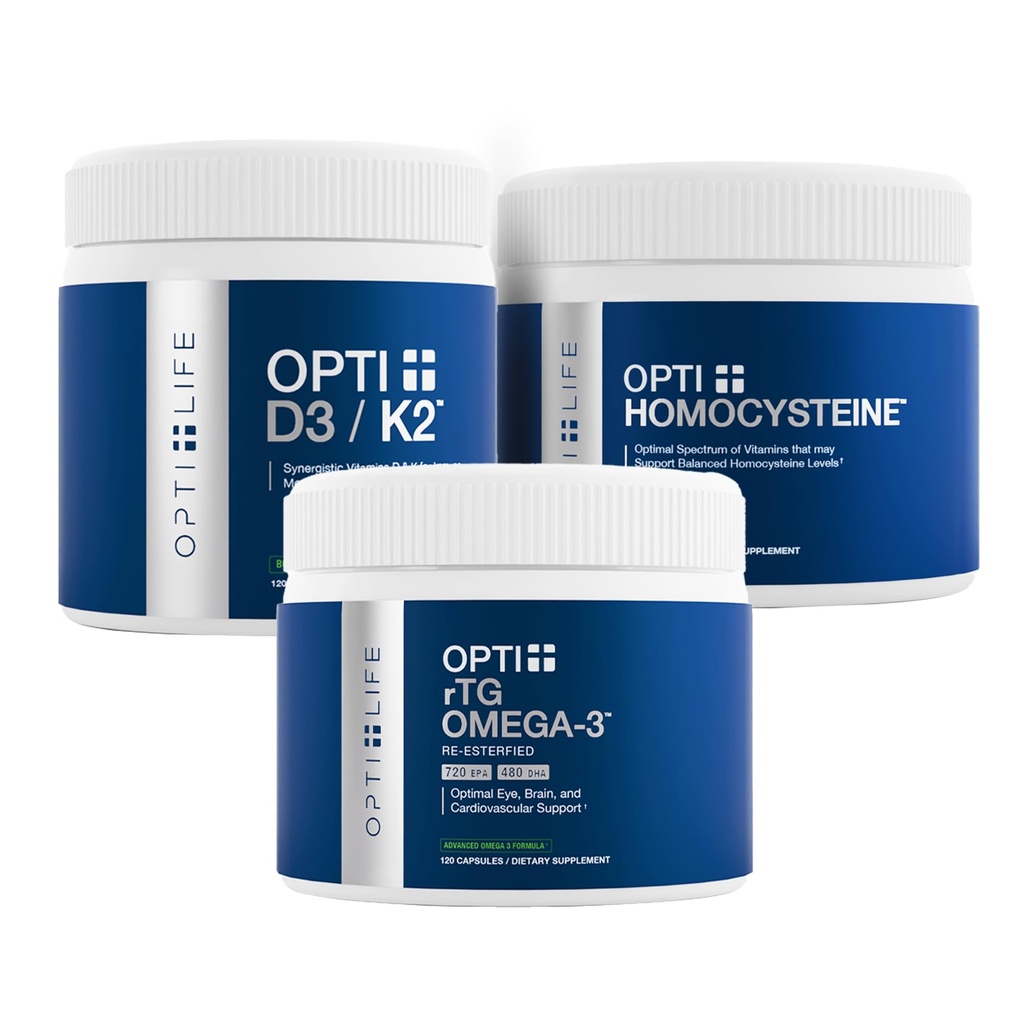 Ensemble de santé cardiaque et vasculaire Opti+ - rTG Omega-3, Homocysteine B-Vitamines & D3 K2 Kit de complément Soutient le bien-être cardiovasculaire et le vieillissement en santé*