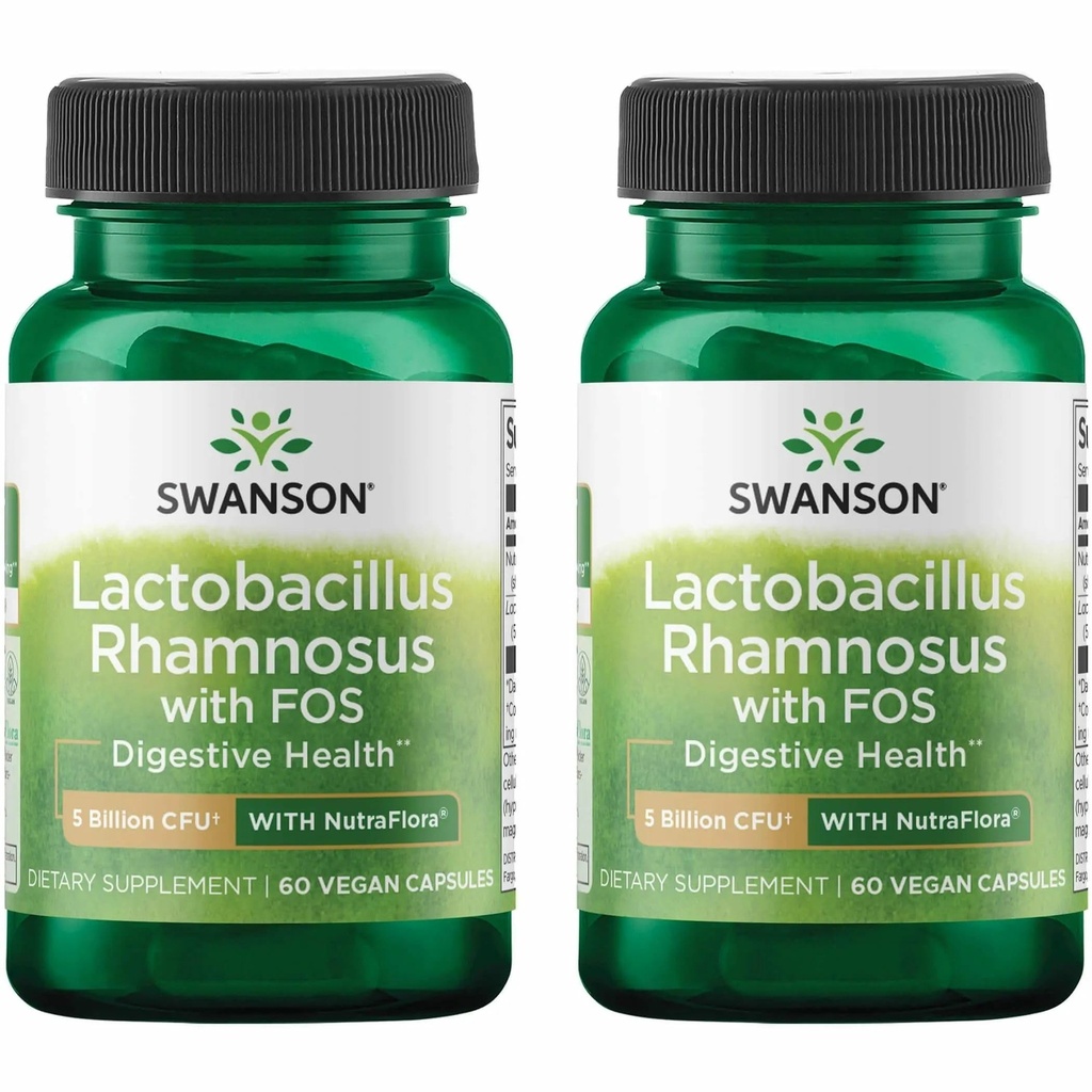 Swanson Lactobacillus Rhamnosus avec FOS - 5 Million CFU - Soutien de la santé digestive avec Fructooligosaccharides - Soutien probiotique pour la santé gastro-intestinale* - Vegan - 60 Veggie Caps (2 Pack)