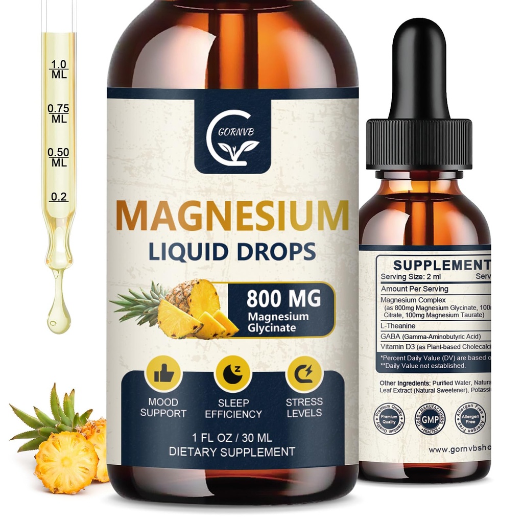 (2 packs) Glycinat de magnésium gouttes liquides de 1000mg Complexe de magnésium liquide avec D3, L-Thea et GABA pour l'énergie, le sommeil, la nervosité et la santé cardiaque, haute absorption, goût d'ananas