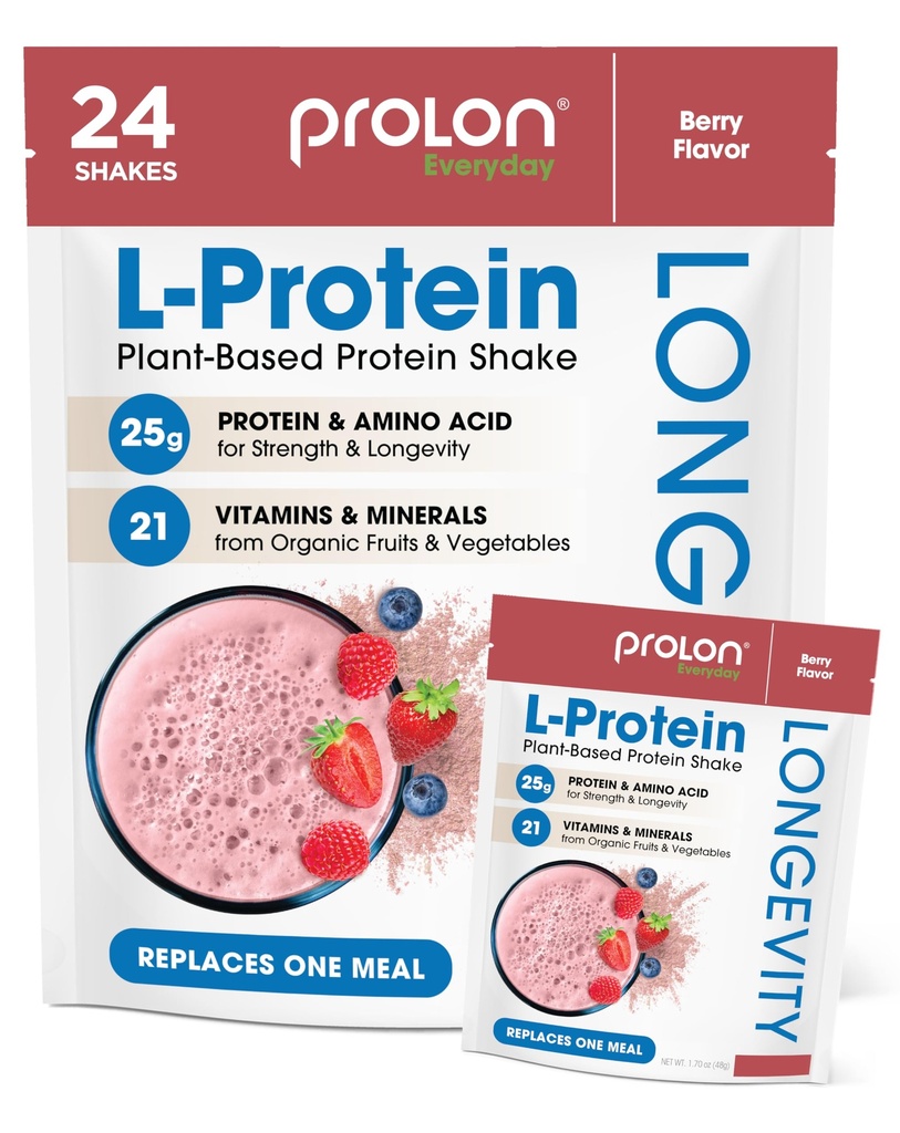 Prolon Langlebigkeit pflanzliches Proteinpulver | Muskelsynthese & Reparatur, gesundes Altern, Steigerung der Leistung | Vitamine, Glutenfrei, Aminosäuren, Antioxidantien | 25 g Protein | Beere, 24 Packungen