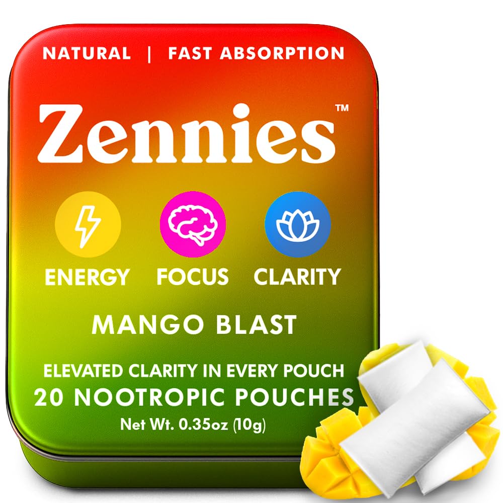 Zennies Koffein Nootropic Beutel mit Alpha GPC, L-Tyrosin & L-Theanin, Lion's Mane, Cordyceps, Reishi - Nikotinfrei, kein Zucker oder künstliche Süßstoffe Nootropic Energy Beutel, Mango Blast 1 PK