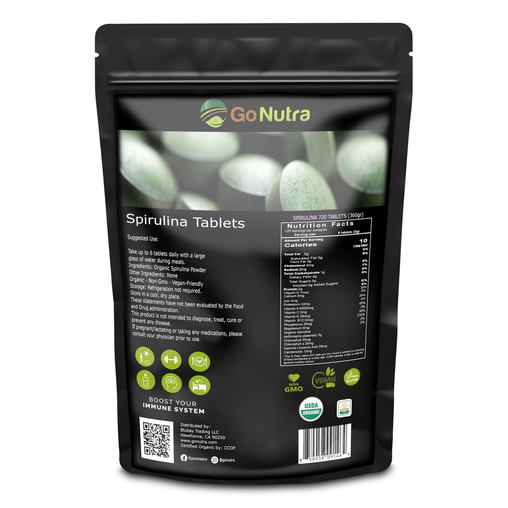 Go Nutra Organic Spiruline Comprimés de Spiruline Nutriment Dense Organic Spiruline Superfood de Protéines, Vitamines, Minéraux, Fibres, Acides Amino