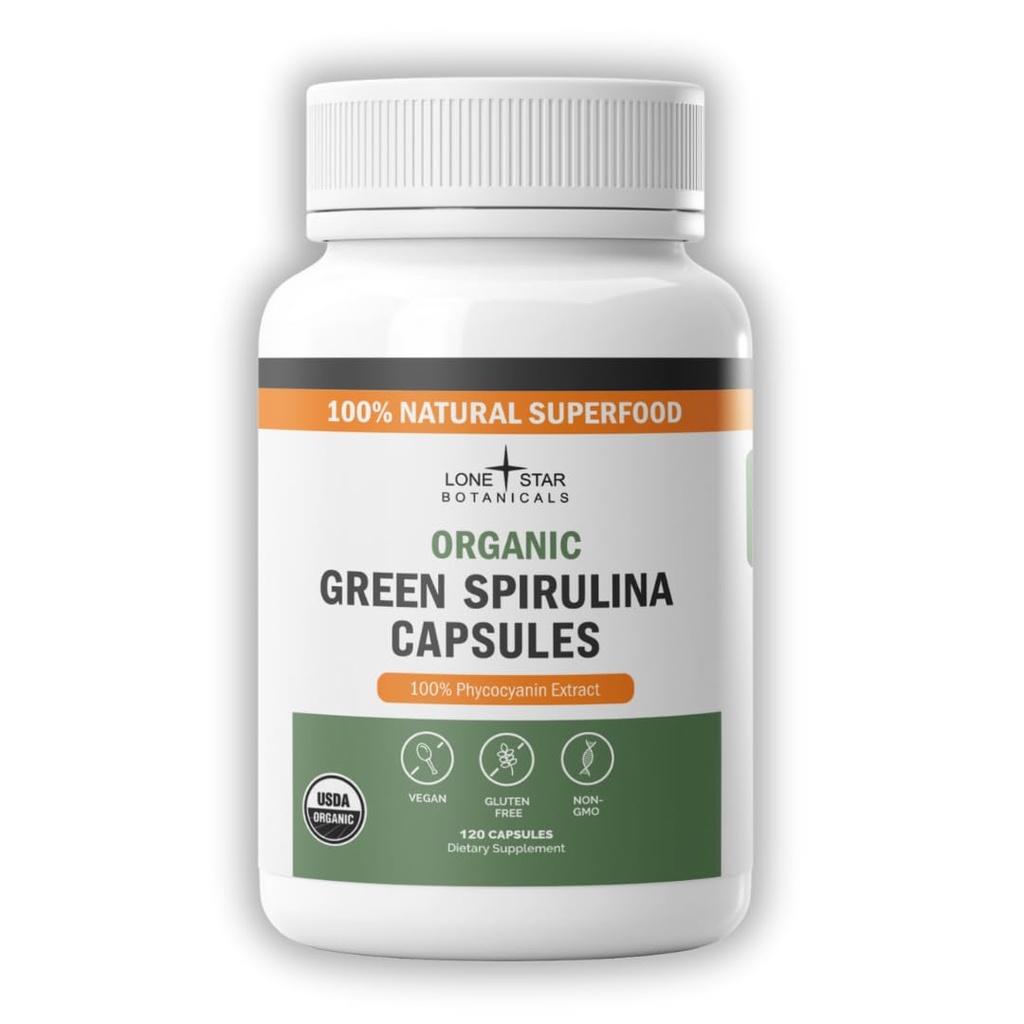 Lone Star Botanicals Organic Spirulina Kapseln - 100% reine blau-grüne Algen, kein Fischgeruch, Superfood Supplement, Vegan, Nicht-GVO, glutenfrei (120 Count, Green Spirulina)