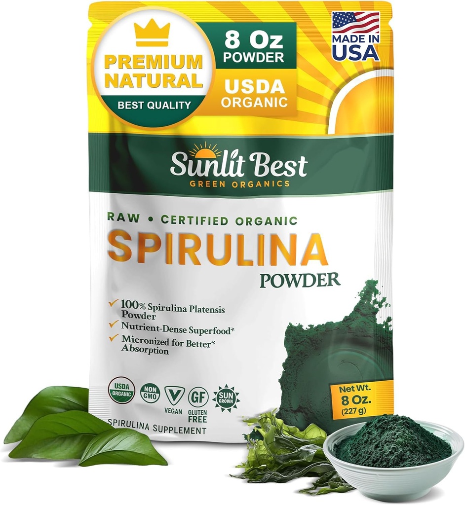 Sunlit Best Spirulina Pulver Organic USDA - Chlorophyll, schnelle Absorption, blau-grüne Spirulina Algen, rohes veganes Protein - Nicht-GVO, glutenfreie Superfood Energie, Gut, Immun Support Supplement - 8 Oz