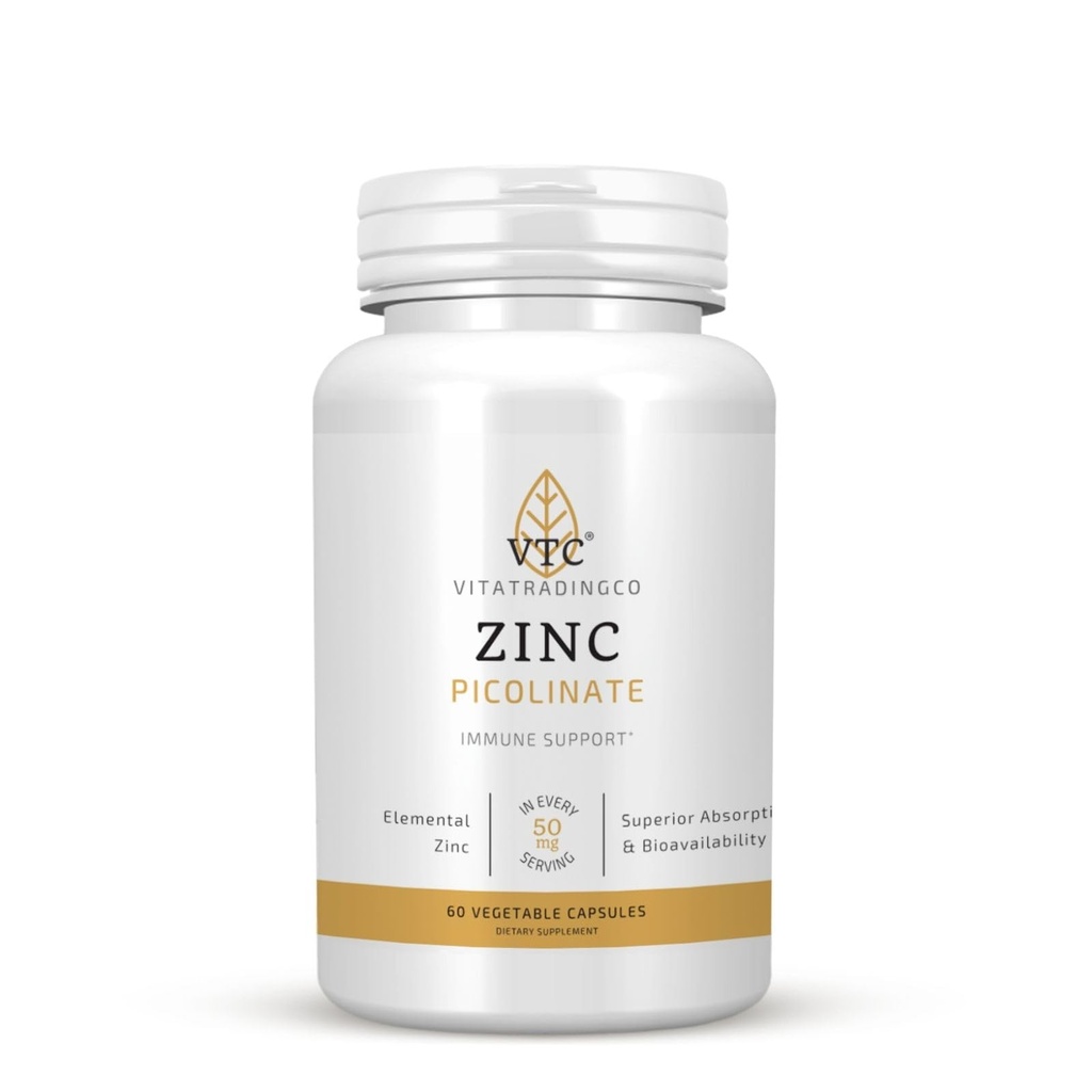 VTC VitaTradingCo. Picolinate de zinc (50mg) Zinc élémentaire (50mg) Support immunitaire et antioxydant (50mg) pour la santé de la peau et la fonction cellulaire (60 capsules de légumes)