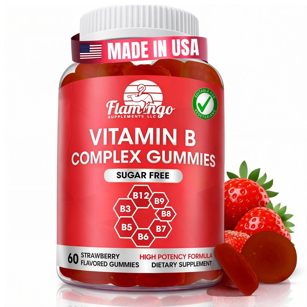 Zuckerfreie Vitamin-B-Komplex-Gummien - Vitamin B12, B7, B6, B3 (Niacin), B5, B8, B9 (Folat) - getestet von Dritten - pränatale, vegane Ernährung, ältere Erwachsene - B-Komplex-Vitamin-Ergänzung - 60 Gummy Flasche