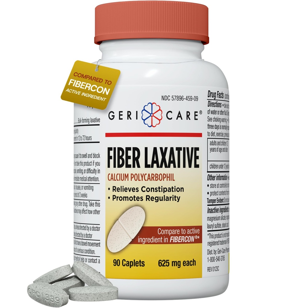 GeriCare Fiber Laxative - 625mg Calcium Polycarbophil Fiber Supplement für Frauen und Männer - Sanfte wirksame OTC Relief für Verstopfung und Hämorrhoiden - Unlösliche Faserkapseln (90 Count)