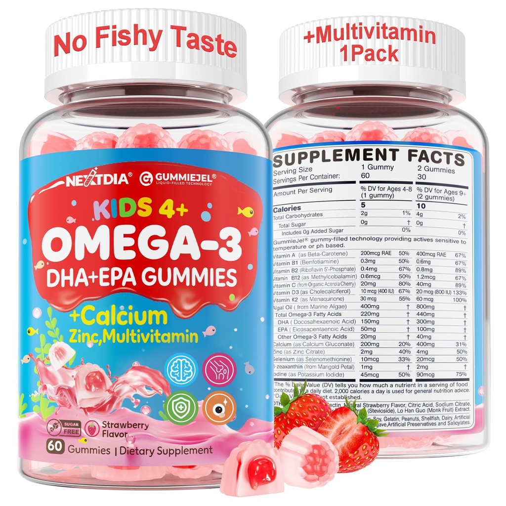 Omega 3 (EPA / DHA) Gefüllte Gummis für Kinder Teen mit Multivitamin, Kalzium + D3 + K2 + Zink, Plus Vitamin A B1 B2 B12 C, Selen, Jod für Gehirn, Auge, Knochen, Energie, kein Fisch Geschmack, Zuckerfrei