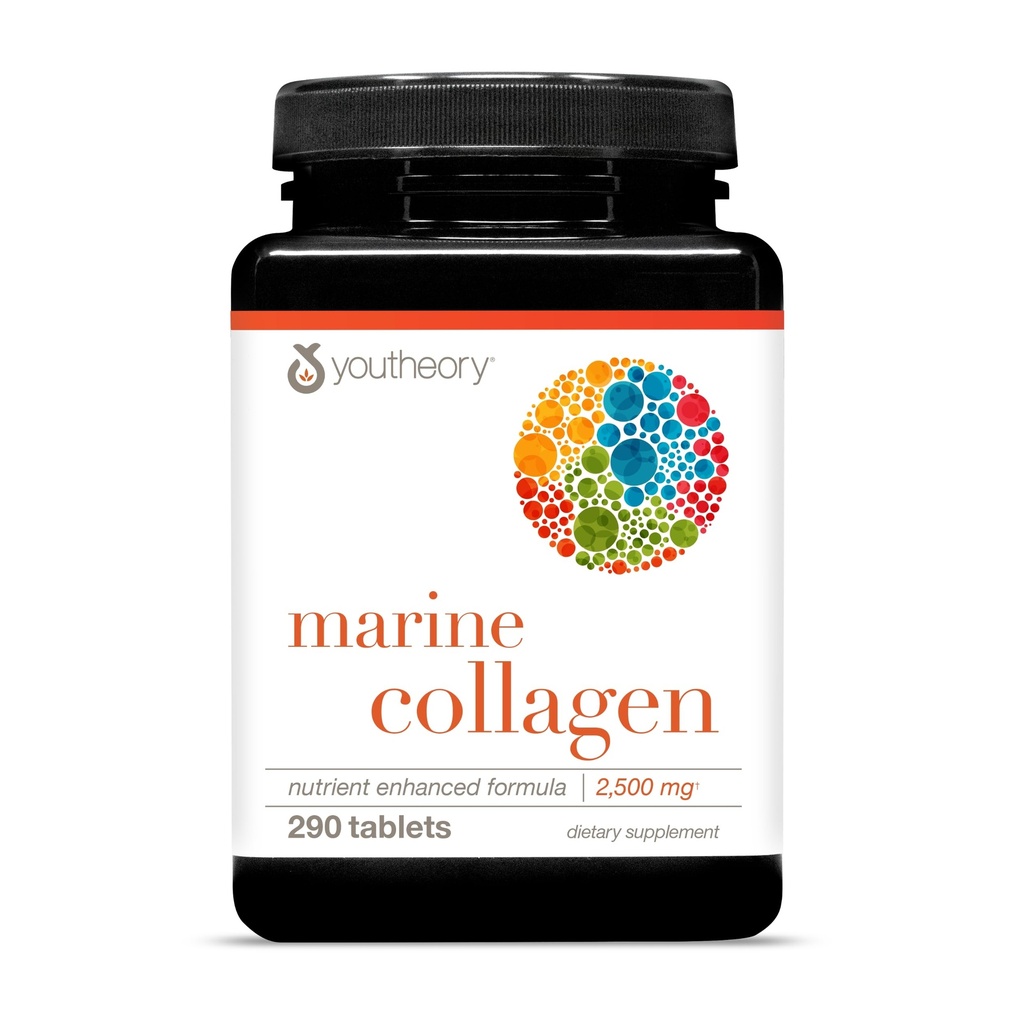 Youtheory Meereskollagentabletten - 2.500 mg Kollagenpeptide aus Fischen - mit Vitamin A, C, E, B6 & B12 - Unterstützt Gelenk- und Nagelgesundheit * - Hoch absorbierbar - 290 Tabletten (58-Tage-Versorgung)