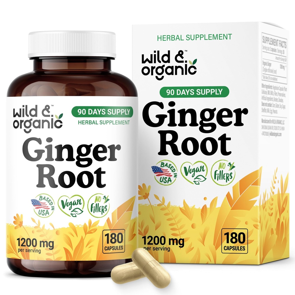 Wild & Organic Ingwer Root Kapseln 1200 mg - Immune & Digestive Support - Ingwer Root Supplement - Zingiber Officinale Pulver - 90 Tage Versorgung - Vegan, No Fillers, Non-GMO - 180 Count