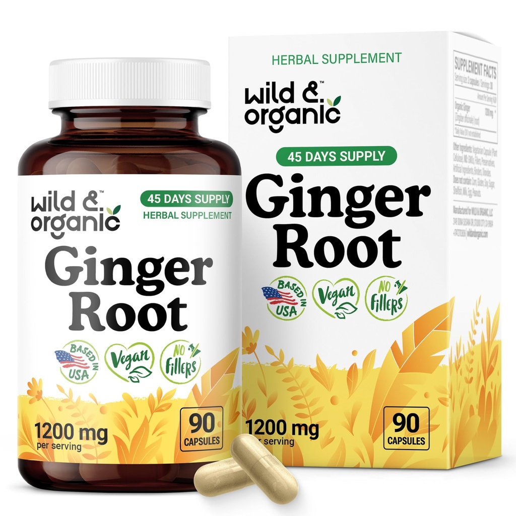 Wild & Organic Ingwer Root Kapseln 1200 mg - Immune & Digestive Support - Natural Ginger Supplements - Zingiber Officinale Pulver - 45 Tage der Versorgung - Vegan, No Fillers, Non-GMO - 90 Count
