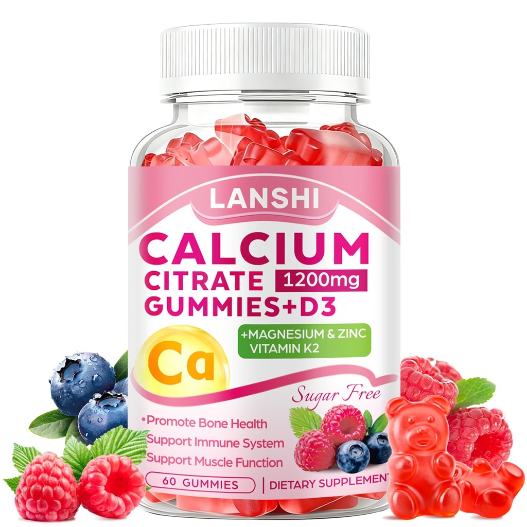 Calcium Citrate Gummies 1200mg with Vitamin D3 & K2 Supplements for Women & Men, High Absorption Calcium Gummies Plus Magnesium, Zinc for Strong Bones & Immune Support Mixed Berry Flavor