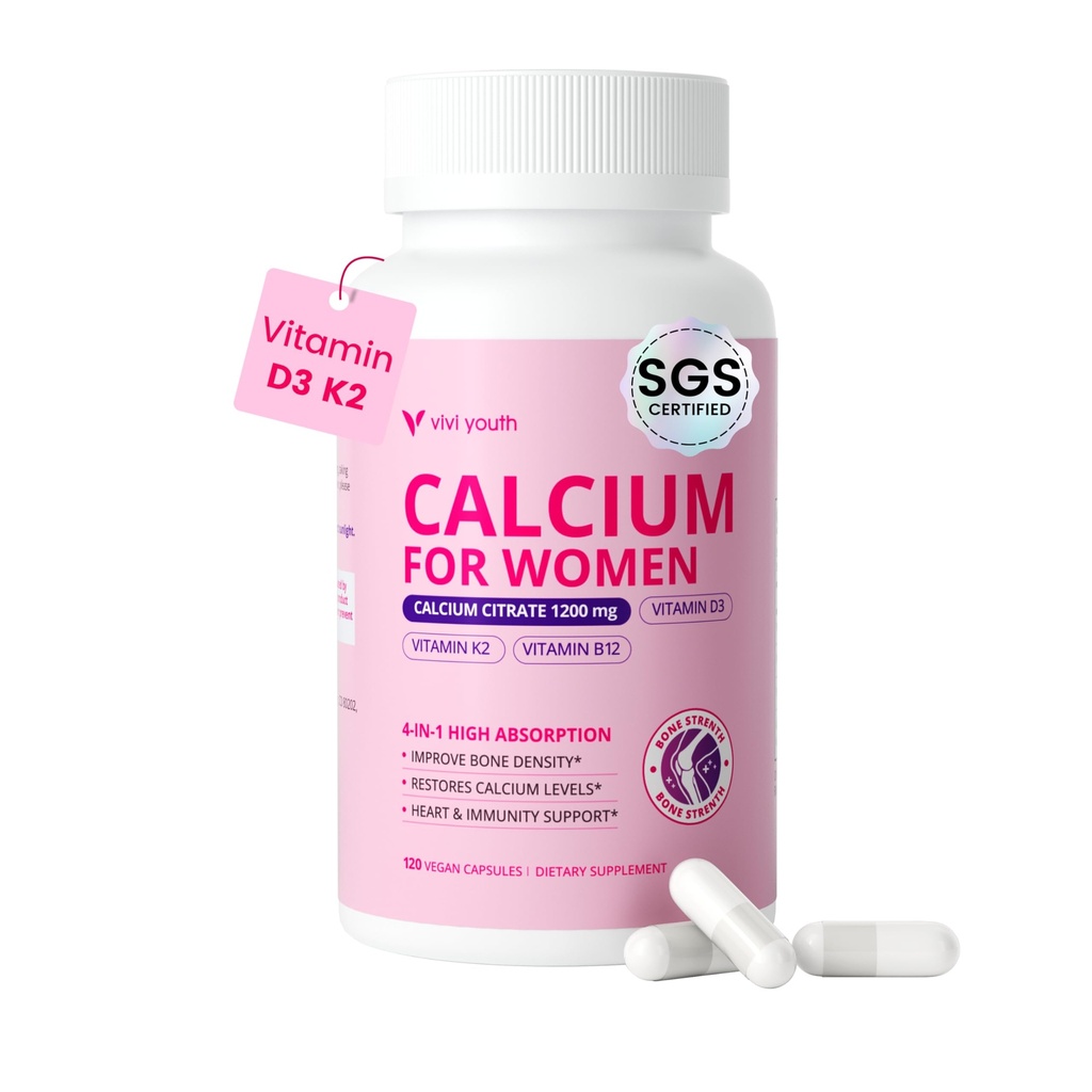 Suppléments de calcium pour les femmes - Citrate de calcium 4-In-1 1200 mg avec vitamine D3 K2, B12 - Citrate de calcium et carbonate de haute absorption pour la densité et la force osseuses, non-OGM, 120 capsules véganes