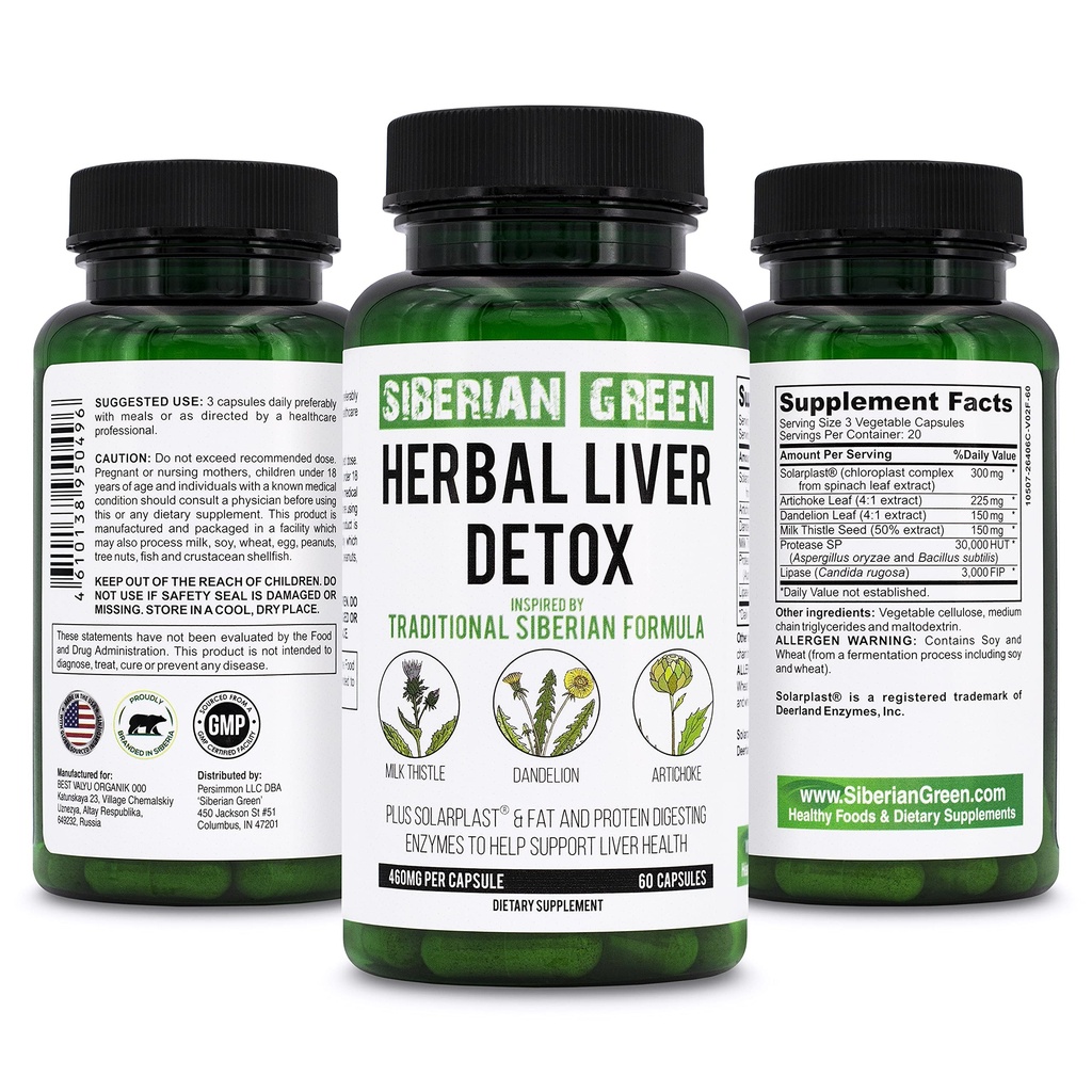Siberian Green Herbal Liver Detox mit Milch Thistle Artichoke Dandelion 60 Kapseln – Traditionelle sibirische Formel Plus Enzyme zur Unterstützung Lebergesundheit