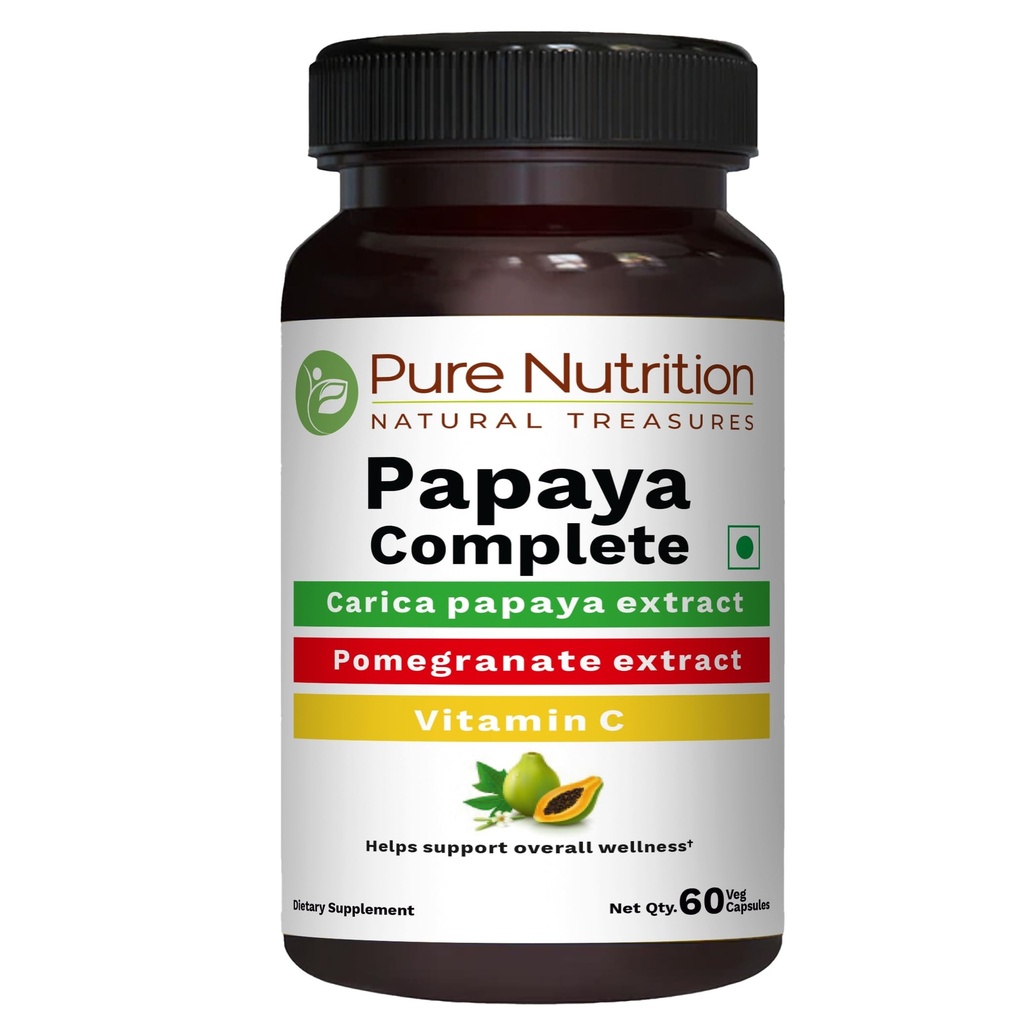 Pure Nutrition Papaya Complete - 60 Veg Capsules (Supports Platelet Immunität & Verdauung) Jede Kapsel enthält 500 mg Carica Papaya Obst und Blatt Extrakt. Nicht-GVO | Glutenfrei