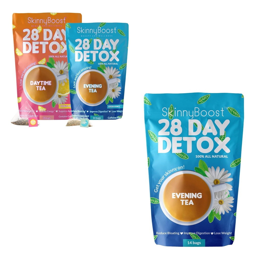 SkinnyBoost 28-Day Detox Tea Kit & Soir Detox Tea , Nettoyez le jour et la nuit , Thé vert, mélange d'herbes , soutient la digestion et le soulagement de ballonnement , non-OGM , végétalien