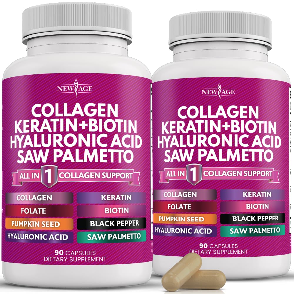 NEW AGE Collagen Pills Biotin Keratin Saw Palmetto Hyaluronic Acid - Vitamin E Folic Acid Pumpkin Seed MSM - 90 Count (Pack of 2)