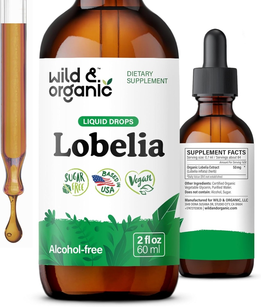 Wild & Organic Lobelia Tinktur - Kräuter Lung Cleanse und Detox - Flüssige Lobelia Extrakt Ergänzung - Vegan, Zucker & Alkoholfreie Kräutertropfen - 2 fl oz