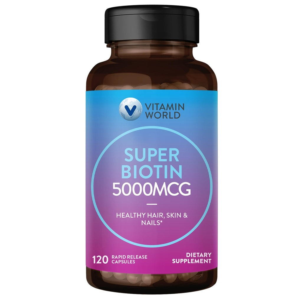 Vitamin World Super Biotin 5000 mcg. 120 Kapseln, B Vitamin, Haare, Haut und Nägel, Rapid-Release, glutenfrei