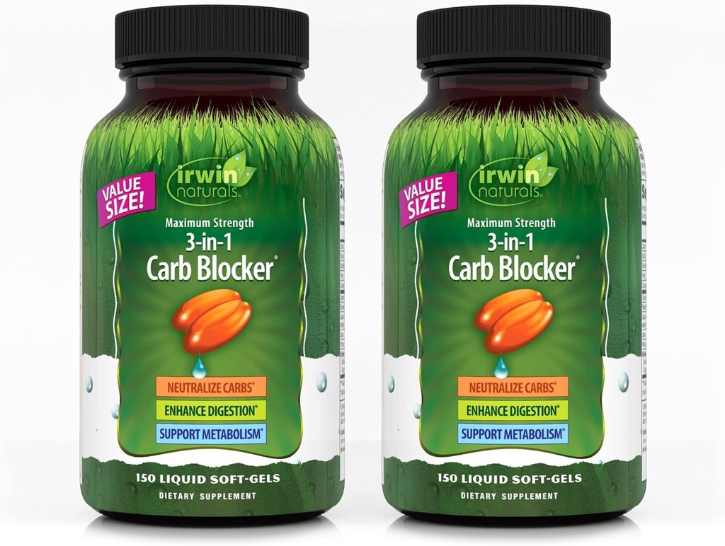 Irwin Naturals Maximum Strength 3-in-1 Carb Blocker - Neutralisieren Kohlenhydrate, Aids Verdauung und Metabolismus Booster - White Kidney Bean Extract + Chrom + Enzym Blend - 150 Soft-Gels - 2 Packung