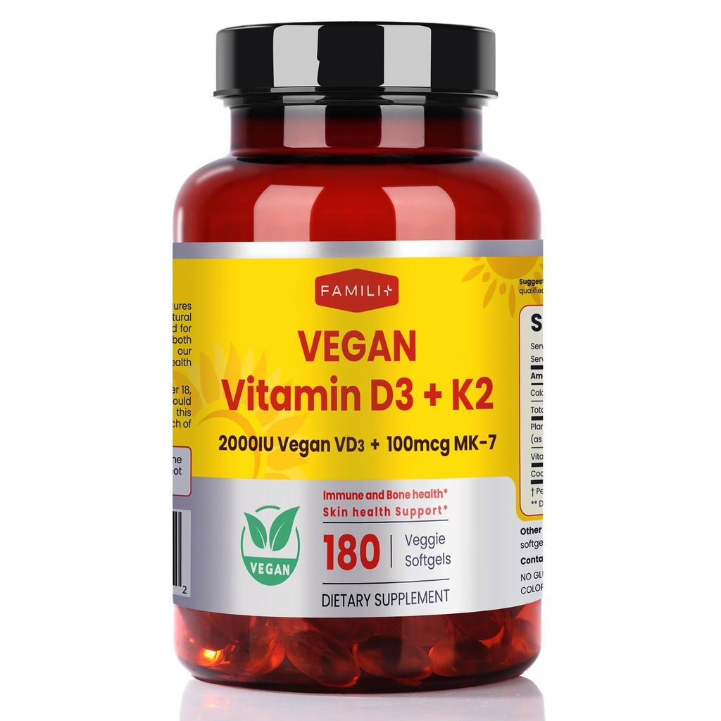 FAMILI+ 180 Tage veganes Vitamin D3+K2 Softgel mit Coconut MCT Oil | 2000IU Pflanzenquelle Vitamin D3 + 100 mcg Vitamin K2 MK-7 | für Knochen, Muskel, Immun, Zähne & Herzgesundheit | 100% vegane No-Gelatine