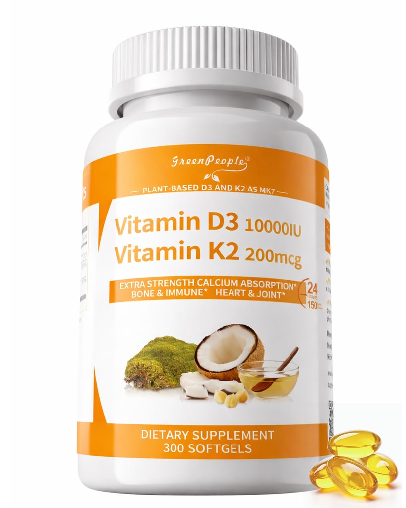 GREENPEOPLE K2 D3 Vitamin Supplement, Vitamin D-3 & K-2 MK-7, 10.000 IE / 200 mcg, mit Virgin Non-GMO Coconut MCT Oil | 300 Vegan Softgels | Knochengesundheit, Immununterstützung