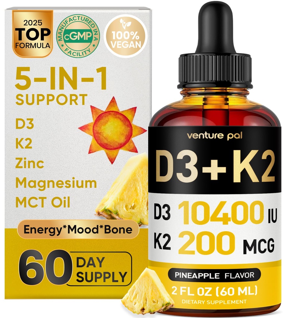 Venture Pal 5-in-1 Vitamin D3 10000 IU & K2 als MK-7 200mcg mit Magnesium, MCT Öl, Zink, zuckerfreie Vitamin D Flüssigkeit | Maximale Absorption für Knochen, Stimmung & Immune Health - 2 FL OZ, 66 Tage