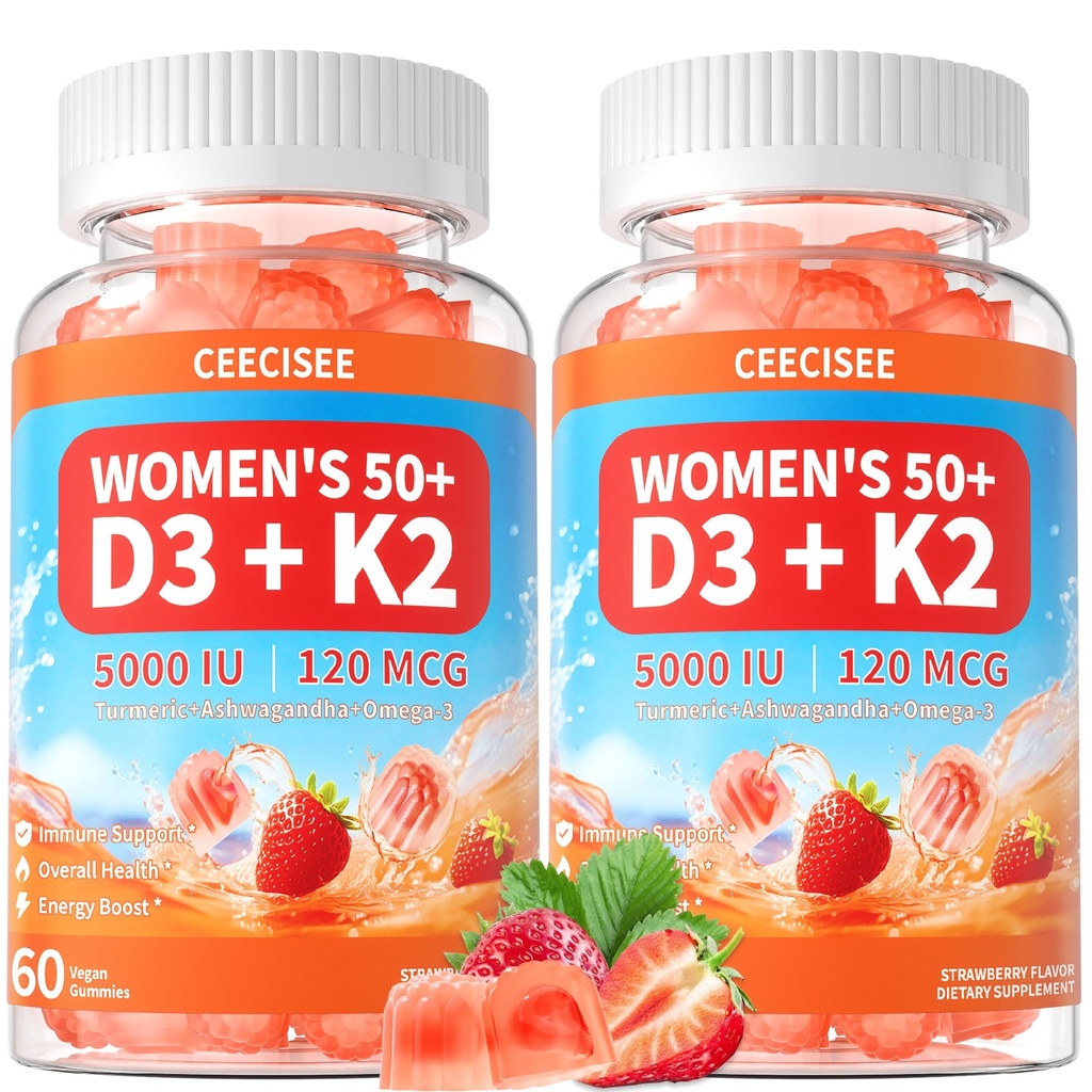 Supplément Vitamine D3 K2 Gummies pour les femmes 50+: Vitamine biologique D3 5000 UI + K2 (MK-7) 120 mcg avec 500mg Omega-3, 400mg Calcium, CoQ10 pour la santé immunitaire - Extra Force pour les adultes(120Contenu)