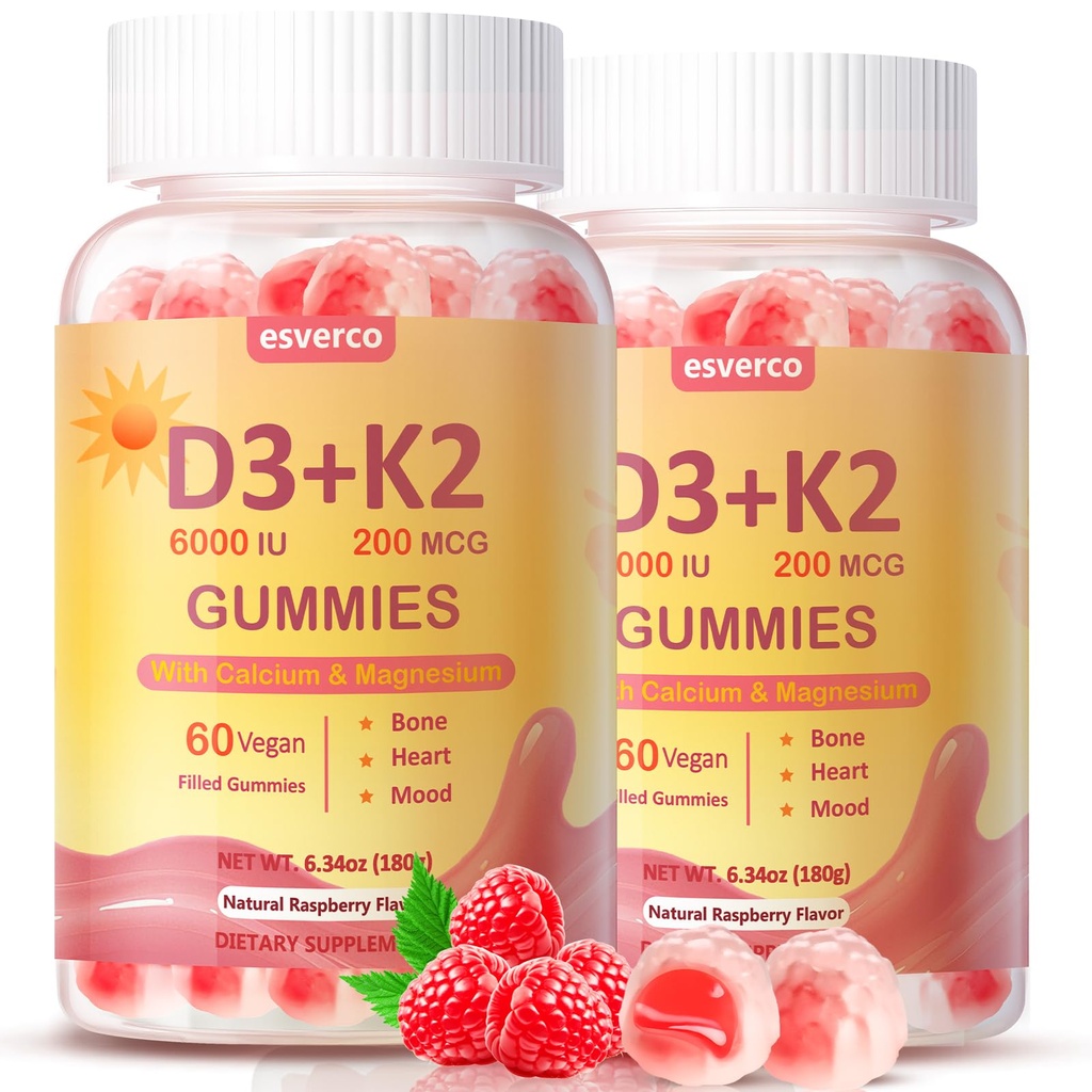 Vitamin D3 K2 Gummies, 6000 IU Vitamin D3 + 200 mcg K2 (MK-7) with Calcium, Magnesium Glycinate, Extra Strength, High Absorption for Bone, Muscle, Teeth, Vegan, Raspberry Flavor, 120 Count