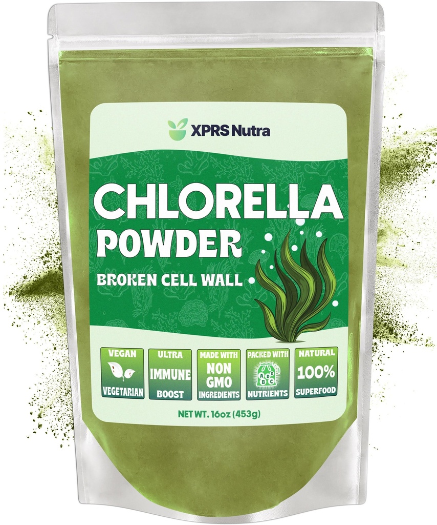XPRS Poudre de Chlorelle Biologique Nutra - Poudre de Chlorophylle Broquée - Poudre de Chlorelle Biologique pour Immunité - Poudre de Chlorelle Biologique pour Protéines Complètes (16 Once)