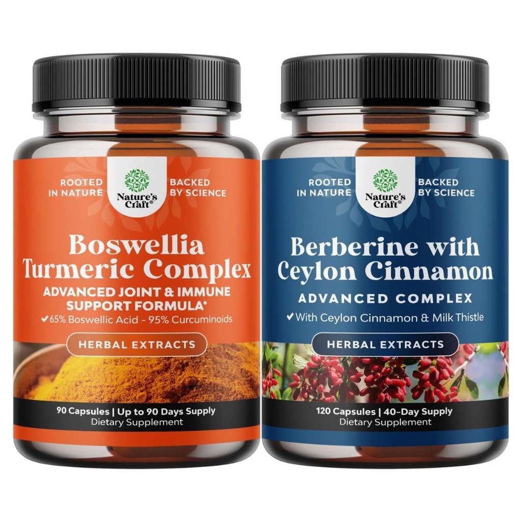Ensemble de capsules d'extrait de Boswellia avec curcuma - Supplément avancé de soutien de santé immunitaire et équilibre Berberine Plus 1200mg par portion - Berberine antioxydante avec capsules de cannelle Ceylan