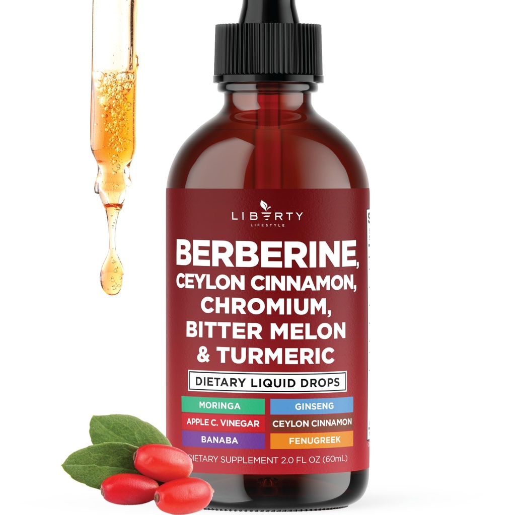 Berberin mit Ceylon Cinnamon Supplement Liquid Drops + Bitter Melon Extract, Glucomannan, Gymnema, Chrom, Kurkuma, Panax Ginseng, Moringa- 2 OZ