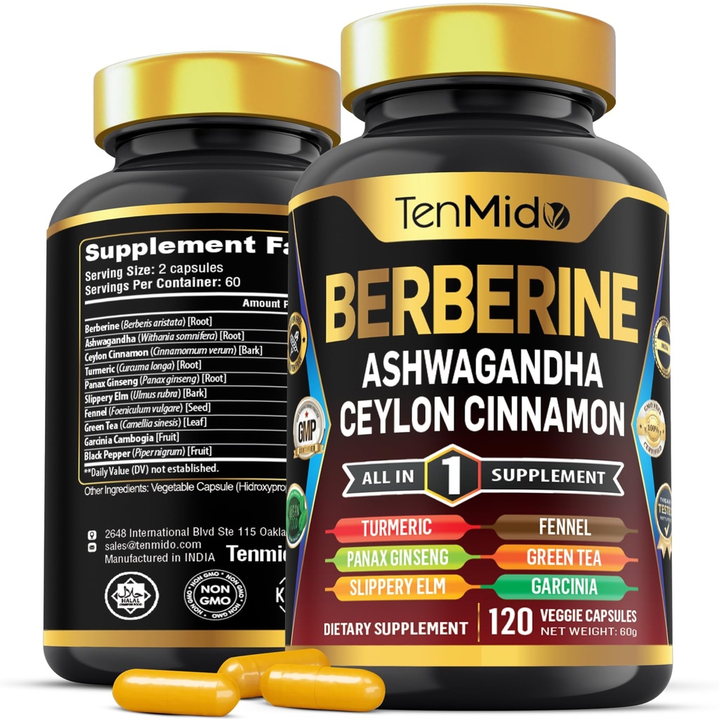 Berberine Supplement - 10in1 Formula with Ashwagandha, Ceylon Cinnamon, Turmeric, Panax Ginseng, Slippery Elm, Fennel, Green Tea, & More - Immune, Digestive Support - 120 Caps
