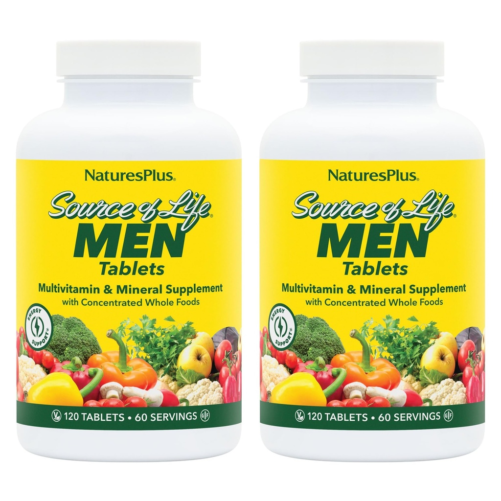 NaturesPlus Source de vie Hommes - 120 comprimés, paquet de 2 - Sans fer Multivitamine et supplément minéral - avec Saw Palmetto, Lycopène et Lutéine - Sans gluten, Végétarien - 120 Total des portions