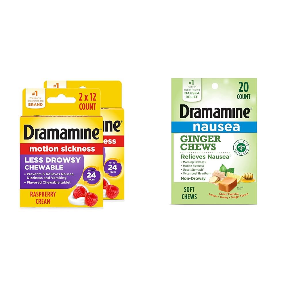 Dramamine Motion Maladie moins somnolente Crème framboise Comprimés à croquer 12 Compte 2 Pack et Nausées Ginger Relief Chews Lemon-Honey-Ginger 20 Compte