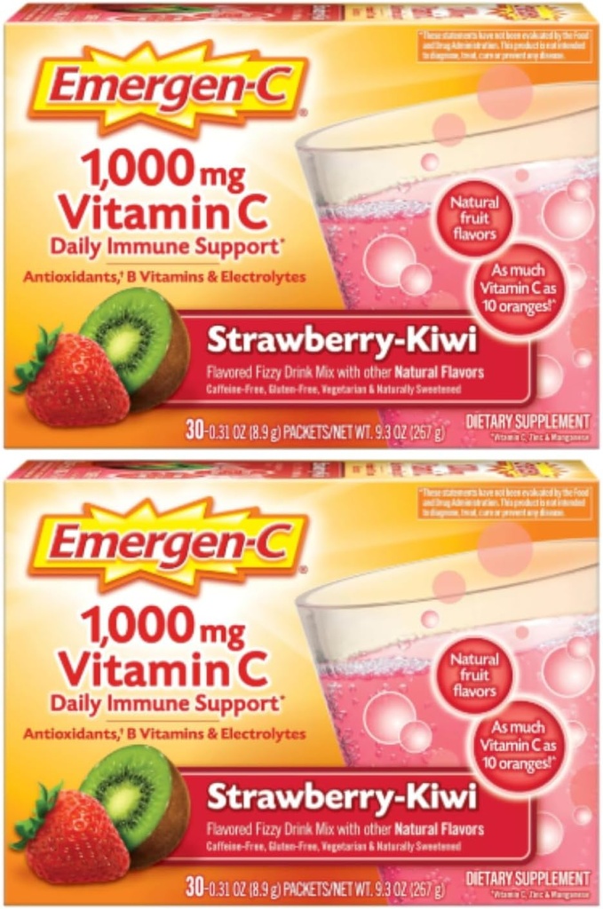 Emergen-C 1000mg Vitamin C Pulver, Erdbeere Kiwi Flavor, Antioxidantien, B Vitamine und Elektrolyte, Vitamin C Ergänzungen für Immununterstützung, 30 Count (Pack von 2)