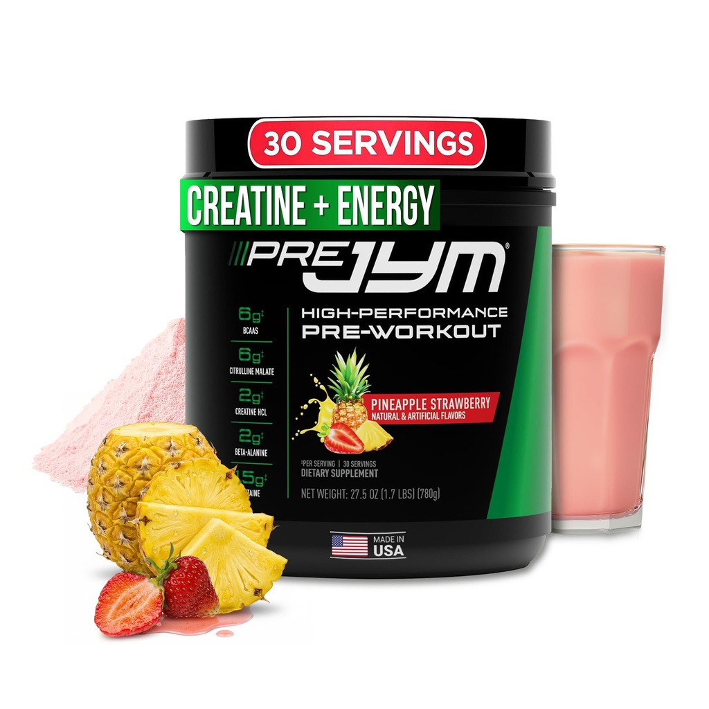 Supplément JYM Science Pre JYM Ananas Fraise Poudre de pré-entraînement pour hommes et femmes, BCAA, Nootropics, Creatine HCI, Citrulline, Beta-Alanine, Betaine, Taurine, Huperzine, 30 portions
