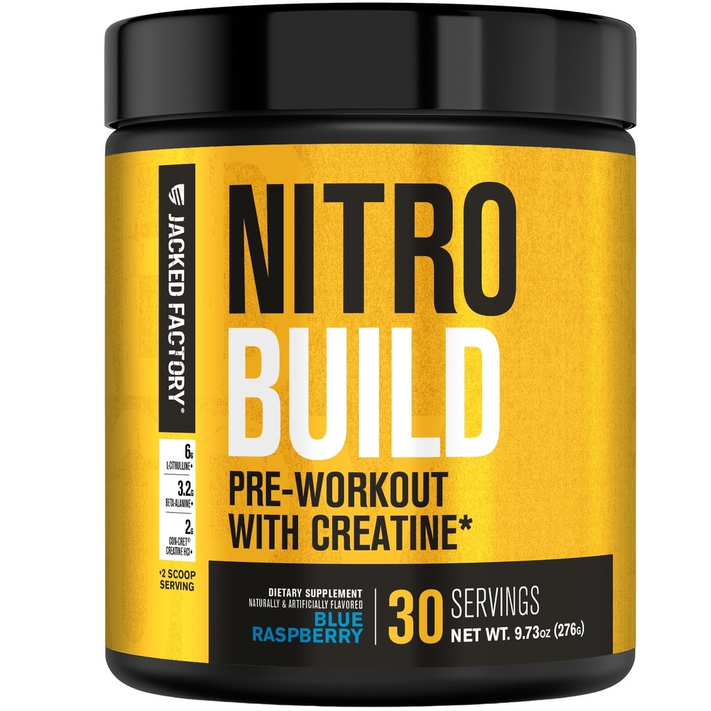 Jacked Factory Nitrosurge Build Pre Workout mit Kreatin für den Muskelaufbau - Con Cret Creatin Pulver & elevATP für intensive Energie, leistungsstarke Pumpe und endlose Ausdauer - 30 Portionen, Blue Raspberry