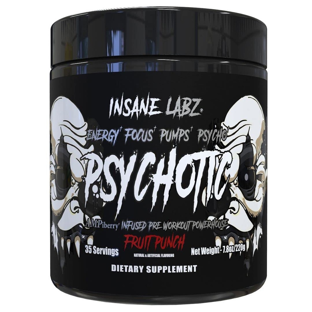 Insane Labz Psychotique Black Edition Mid Stimulant Pre Workout Powder, Energy Focus Pompes, chargé de Créatine Beta Alanine Taurine alimenté par AMPiberry, 35 portions (Fruit Punch)