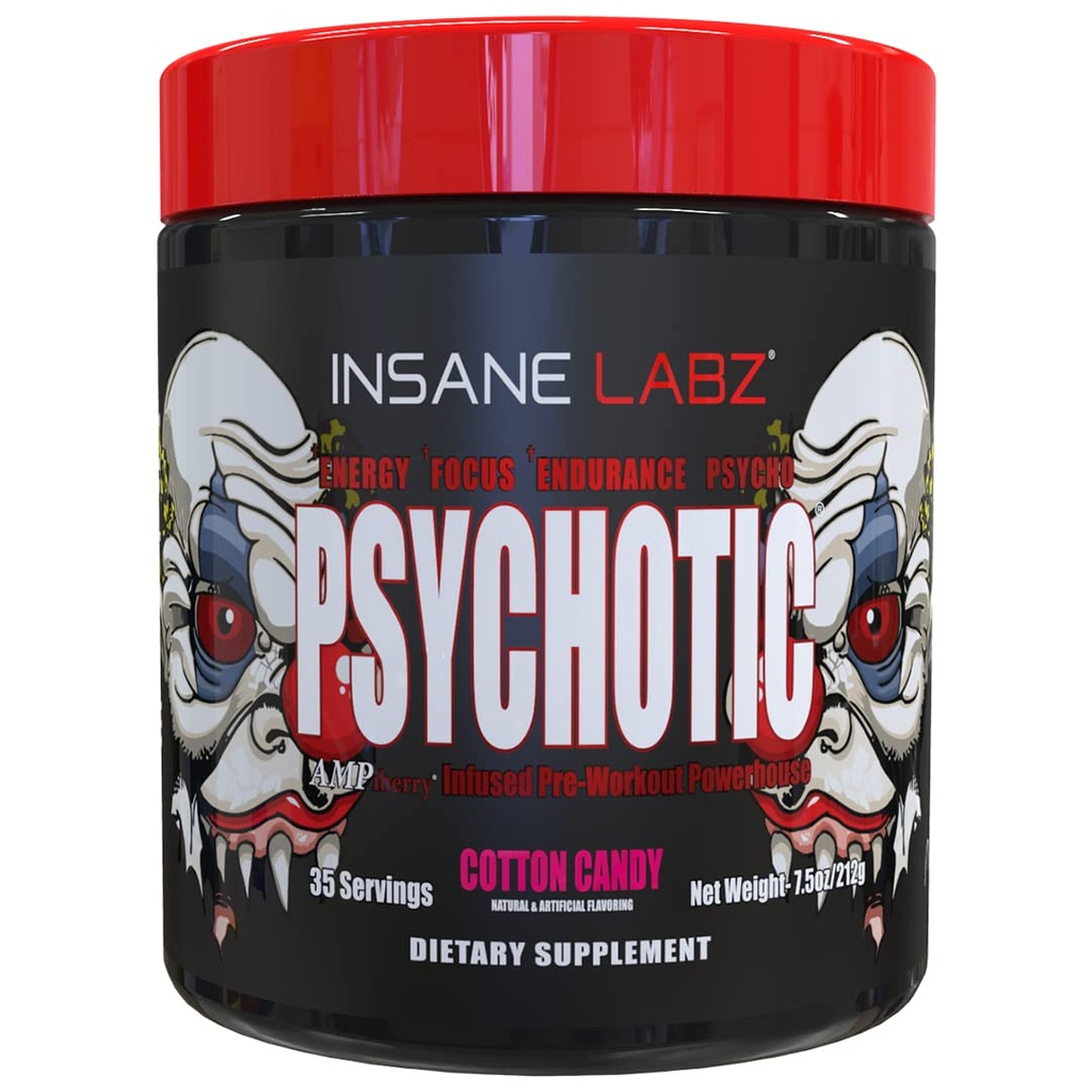 Insane Labz psychotique, poudre pré-entraînement stimulante élevée, énergie latente extrême, focus et endurance avec Beta Alanine, Creatine Monohydrate DMAE, 35 Srvgs (Cotton Candy)