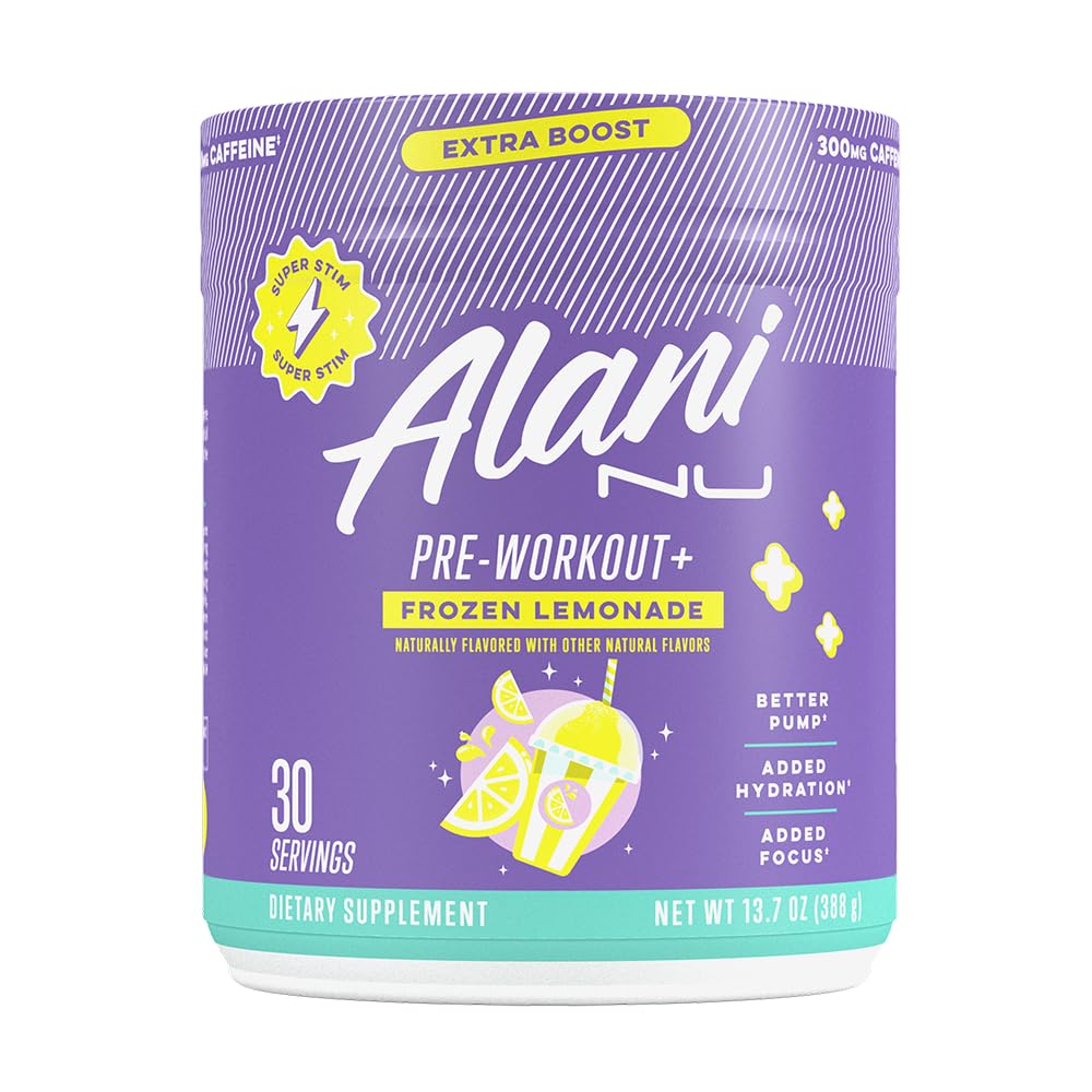 Alani Nu Pre Workout + Pulver Gefrorene Limonade, Extra Boost, Zuckerfrei, 300 mg Koffein, L-Theanin, Beta-Alanin, Citrullin, 30 Portionen