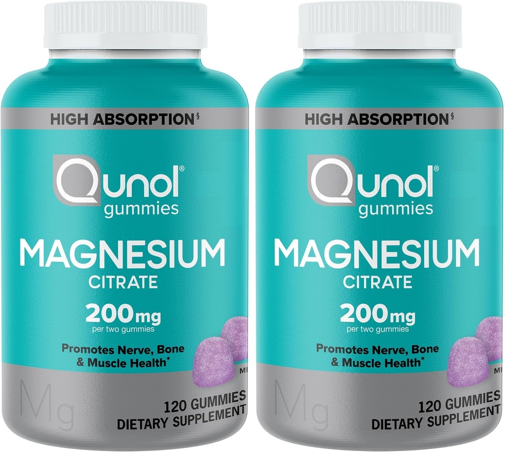 Qunol Magnésium Gommies pour adultes, 200mg Mg élémentaire (à partir de 1 750mg Magnésium-Citrate), High Absorption Mg-Supplement, Supports Nerve, Santé des os et des muscles, Végétarien,120 Compte(paquet de 2)