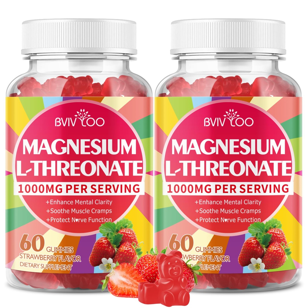 1000mg Magnesium L-Threonate Gummies for Kids & Adults - Muscle & Nervous System Support, Vegan, Sugar-Free Strawberry Flavor, 120 Gummies