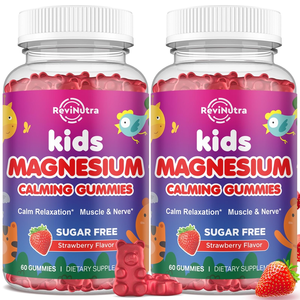 2 Packung Magnesium-Gummien für Kinder - Magnesium-Glycinat-Gummien mit L-Theanin, Kamille, Süßholz, Vitamin B6, D für Kinder & Erwachsene Schlaf, Muskelerleichterung & Nervenknochen - Erdbeeren 120ct