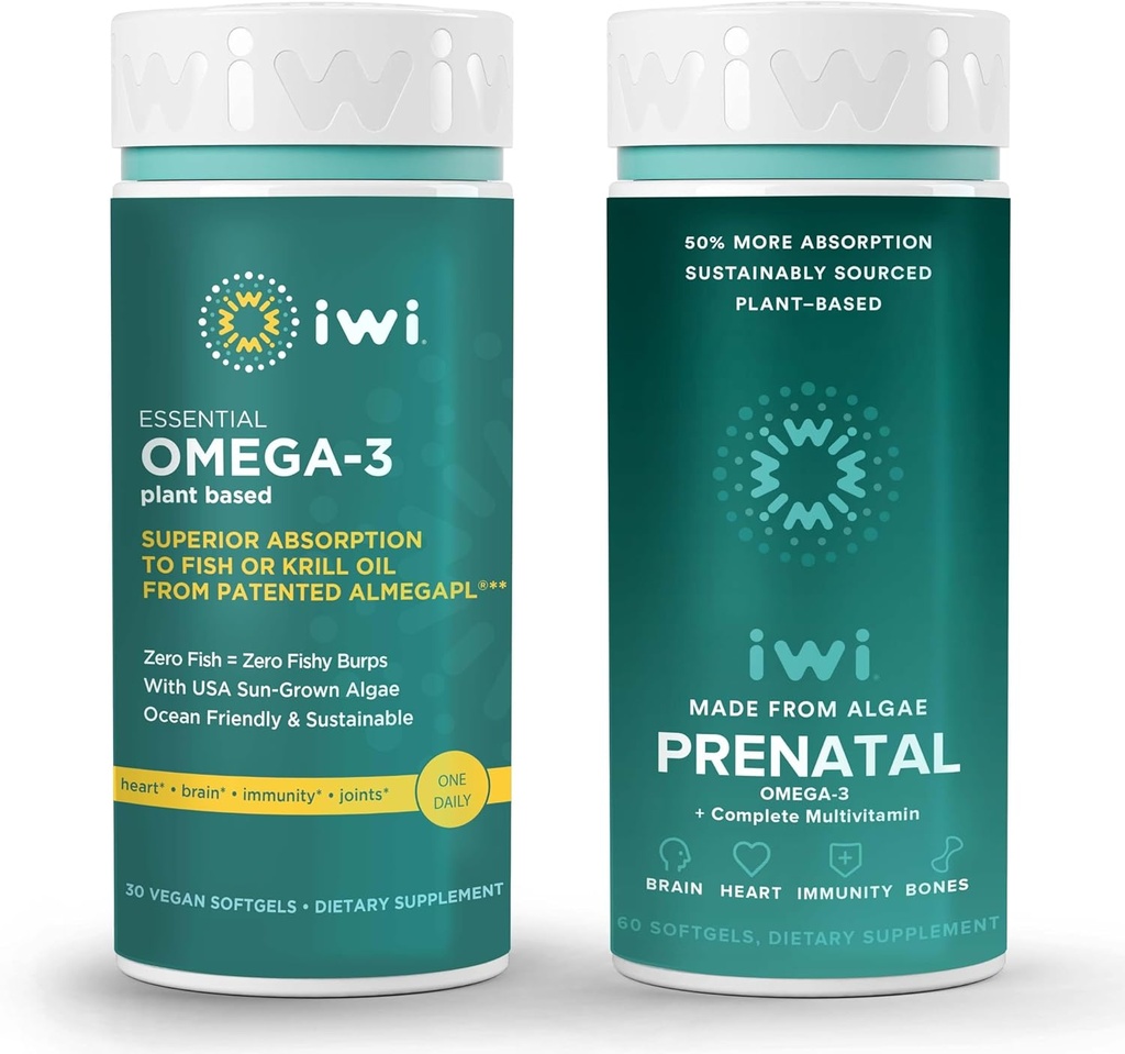 Iwi Omega-3 Ensemble de multivitamines essentielles et prénatales, 30 portions, Algae Omega à base végétale végétalienne 3, Krill & Huile de poisson Alternative, Aucun arrière-goût de poisson