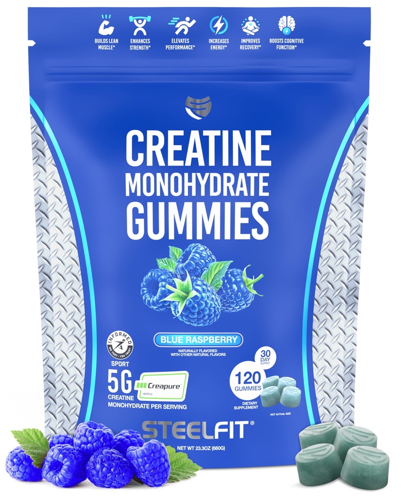 SteelFit Creapure Creatin Monohydrat-Gummi für Männer und Frauen, Blue Raspberry - Gym Workout Nahrungsergänzungsmittel für Muskelaufbau, Gehirngesundheit und Kraftaufbau Nahrungsergänzungsmittel, 120 Gummis