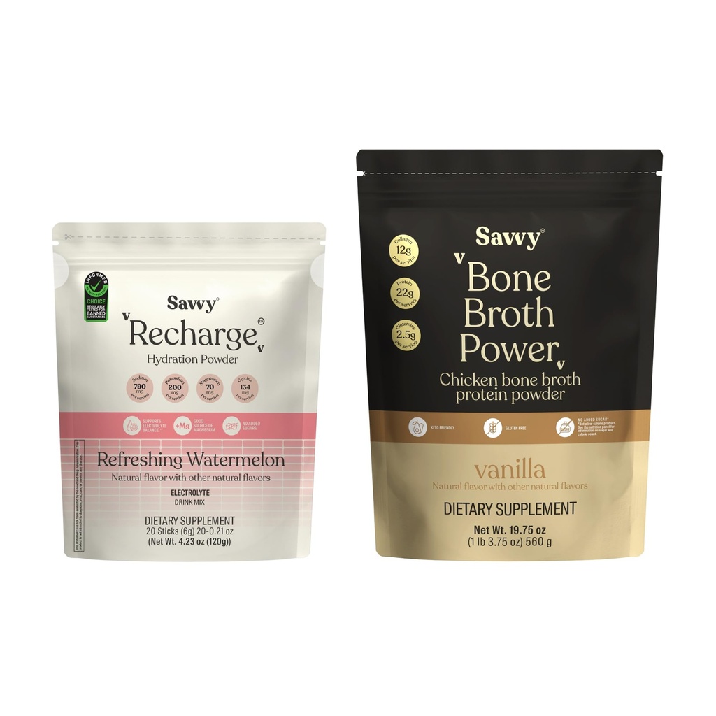 SAVVY Bone Broth Power Vanille Proteinpulver, 22g Protein, 12g Kollagen & Recharge Electrolyte Pulver, zuckerfreies Hydratgetränk mit Natrium, Magnesium, Kalium, Glycin, Wassermelonengeschmack