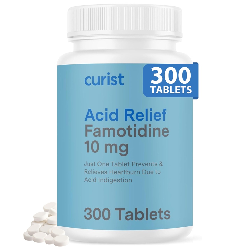 Curist Famotidine 10mg Bulk Pack (300 Count Tablets) Acid Reflux Medicine for Heartburn Relief - OTC Maximum Strength Stomach Acid Reducer - Anti Acid Relief Tablets for Indigestion Heartburn Relief